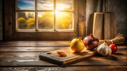 Poster - Rustic wooden table with a vintage window, onions, garlic, a cutting board, and a rustic wooden background.