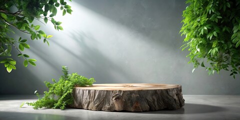 Poster - A rustic wooden log platform sits in the middle of a serene natural setting, surrounded by vibrant foliage and bathed in the soft glow of sunlight.