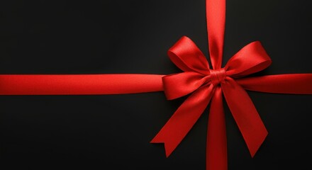 Wall Mural - Luxurious red satin ribbon tied in an elegant bow, isolated on a rich black background, perfect for gift wrapping, celebrations, and festive designs.