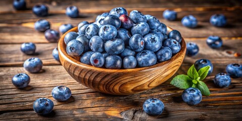 Poster - A bowl of fresh blueberries on a rustic wooden surface, with a few scattered around it.