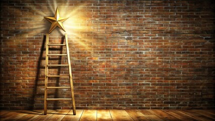 Poster - A wooden ladder leans against a brick wall with a shining gold star above it.