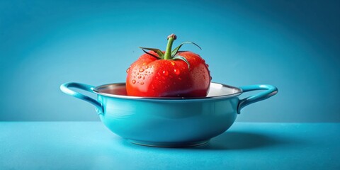 Aufkleber - A single red tomato with water droplets sits in a light blue ceramic bowl on a turquoise surface.