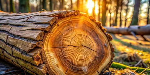Poster - A close-up of a tree trunk cut exposing rings and grain illuminated by sunlight in a forest setting