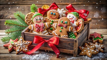 Poster - A Rustic Wooden Crate Overflowing with Festive Gingerbread Cookies and Decorated with Red Ribbons and a Sprig of Pine