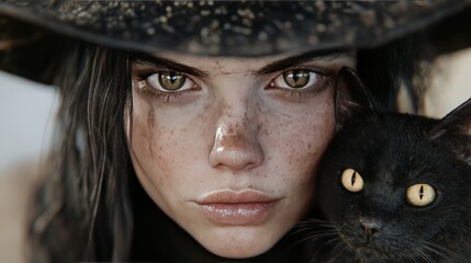 Wall Mural - Close-up portrait of a freckled woman with a black cat.