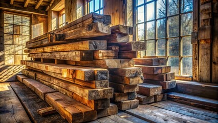 Aufkleber - A weathered wooden plank stack sits in a rustic warehouse, bathed in the warm glow of sunlight filtering through a nearby window.