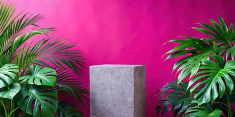 Poster - A Minimalist Scene with a Concrete Block Platform Against a Vibrant Pink Wall, Decorated with Lush Green Tropical Foliage