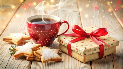 Poster - Warm Festive Treat A Cup of Coffee, Star-Shaped Cookies, and a Wrapped Gift on a Wooden Table