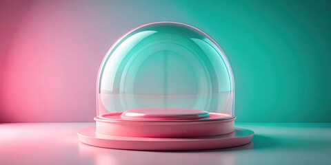 Poster - A pink pedestal with a glass dome, illuminated by a vibrant pink and green gradient light