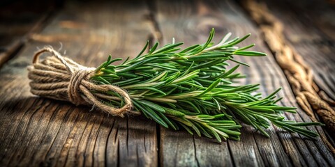 Wall Mural - A bundle of fresh rosemary tied with twine rests on a weathered wooden surface, showcasing the herb's delicate green needles and aromatic essence.