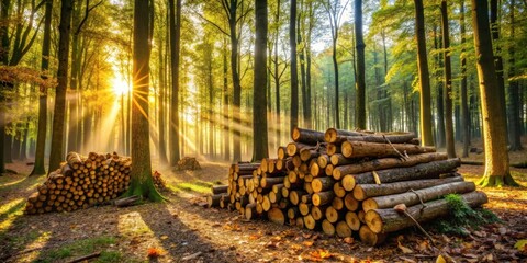 Poster - Golden rays of sunlight pierce through the canopy of a dense forest, illuminating a pile of neatly stacked logs resting on the forest floor.