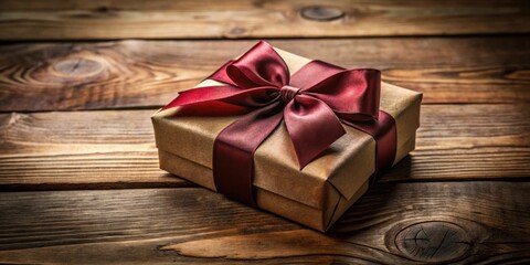 Poster - A Rustic Brown Gift Box With a Rich Burgundy Bow, Rests Elegantly on a Weathered Wooden Surface