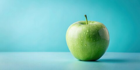 Aufkleber - A single, dewy green apple on a vibrant blue surface, a simple yet captivating study in color and texture