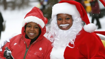 Wall Mural - Mother and daughter in Santa outfits smiling in snowy park