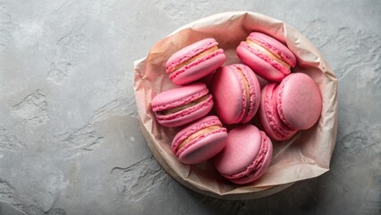 Poster - A Close-Up View of Pink Macarons in a Paper Bowl on a Grey Textured Surface