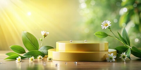Fototapete - Two-Tiered Yellow Pedestal Surrounded by Delicate White Flowers and Lush Green Leaves on a Wooden Surface with Sunlight Streaming Through