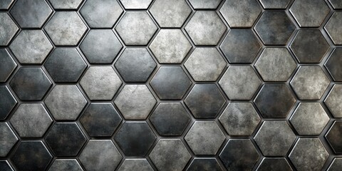 Poster - A seamless pattern of metallic hexagonal tiles with a textured surface and subtle variations in color and shine.