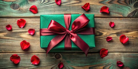 Poster - A beautifully wrapped green gift box with a red bow sits on a rustic wooden surface, surrounded by delicate red rose petals.