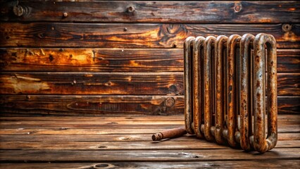 Aufkleber - Rusty Old Radiator Leaning Against a Wooden Wall