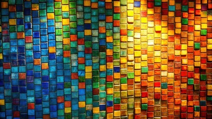 Poster - A mosaic wall of colorful square tiles with a gradient from deep blue to bright yellow, creating a vibrant and abstract pattern.