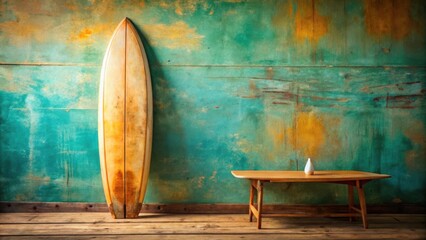 Poster - A Rustic Surfboard Leans Against a Distressed Green Wall, with a Wooden Table and Vase in the Foreground