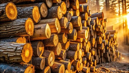 Aufkleber - A towering stack of felled tree logs glows with warm light from the setting sun, casting long shadows across the forest floor.