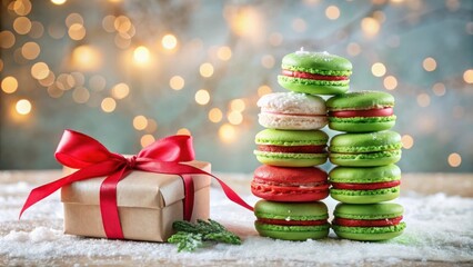 Poster - Festive Macarons and a Gift Box Adorned with a Red Bow on a Snowy Surface with a Sparkling Background