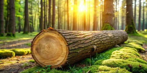 Poster - A fallen log rests on a bed of moss in the forest, bathed in the golden glow of the setting sun.