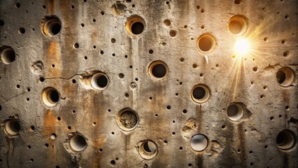 Poster - A weathered concrete surface with a multitude of round holes, some large and some small, arranged in a seemingly random pattern, illuminated by the warm glow of the setting sun.