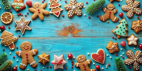 Poster - A festive arrangement of gingerbread cookies, decorated with icing and sprinkles, against a vibrant blue wood background, creating a delightful Christmas scene.