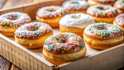 Poster - A Wooden Box Filled with Deliciously Glazed Donuts, Featuring Colorful Sprinkles and a Delectable Variety of Flavors.