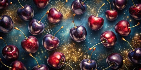 Poster - A vibrant and celestial arrangement of glistening cherries against a dark blue and gold backdrop