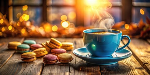 Canvas Print - A steaming cup of coffee and colorful macarons on a rustic wooden table with warm, inviting lighting.