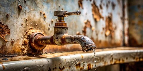 Poster - A rusty faucet drips water into a faded sink, revealing the passage of time and the resilience of nature's elements