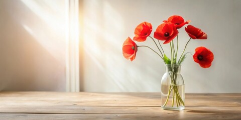 Aufkleber - A bouquet of bright red poppies in a glass vase on a wooden table with the sun shining through the window.