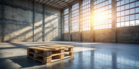 Aufkleber - A single wooden pallet resting on a smooth concrete floor in a spacious industrial warehouse with large windows that allow sunlight to illuminate the space.