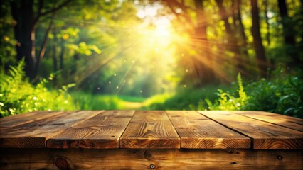 Aufkleber - Wooden table surface with a blurred background of a sunny forest clearing with green foliage