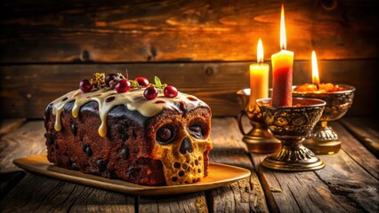 Aufkleber - A Spooky Skull Shaped Cake Decorated with Berries and Drizzled with White Glaze, Glowing with Candlelight on a Rustic Wooden Table