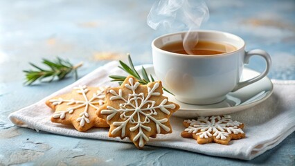 Poster - Steaming cup of tea with snowflake cookies on a white napkin and a blue textured background