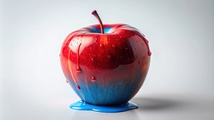 Aufkleber - A Single Red Apple Covered in Dripping Blue and Red Paint on a White Background
