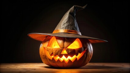 Poster - A Glowing Jack-o'-lantern Wearing a Witch's Hat on a Wooden Table Against a Black Background