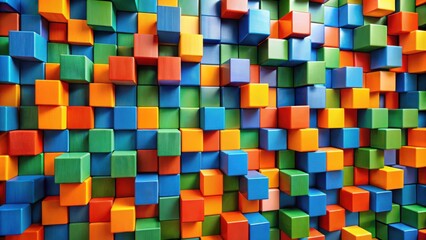 Poster - A vibrant and colorful abstract background of stacked wooden cubes in various shades of blue, green, orange, and red, creating a dynamic and visually stimulating texture.