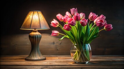 Poster - A warm lamp illuminates a vase of pink tulips, casting a soft glow on the wooden table