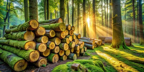Poster - Sunlight filtering through the trees illuminates a pile of moss-covered logs in a lush forest