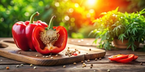 Wall Mural - A vibrant red bell pepper, sliced open to reveal its seeds, rests on a wooden cutting board, surrounded by scattered seeds, with a blurred background of lush greenery and the warm glow of sunlight.