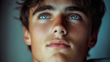 Wall Mural - A close-up portrait of a young man with a pensive and intense expression, highlighting emotion and personality through natural lighting and composition. 