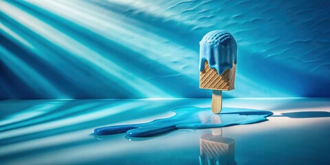 Poster - A blue ice cream popsicle melts on a shiny surface creating a pool of melted ice cream, with sunlight shining through the background.