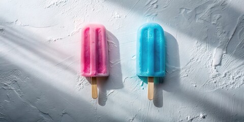 Poster - Frozen Delights Pink and Blue Popsicles Resting on a White Textured Surface in Natural Sunlight