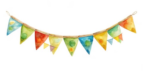 Poster - Hand Painted Watercolor Festive Banner of Triangular Flags with Vibrant Hues and Rustic String