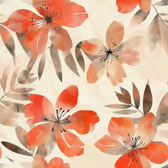 Poster - Bright floral pattern featuring vibrant orange and soft beige flowers with delicate leaves